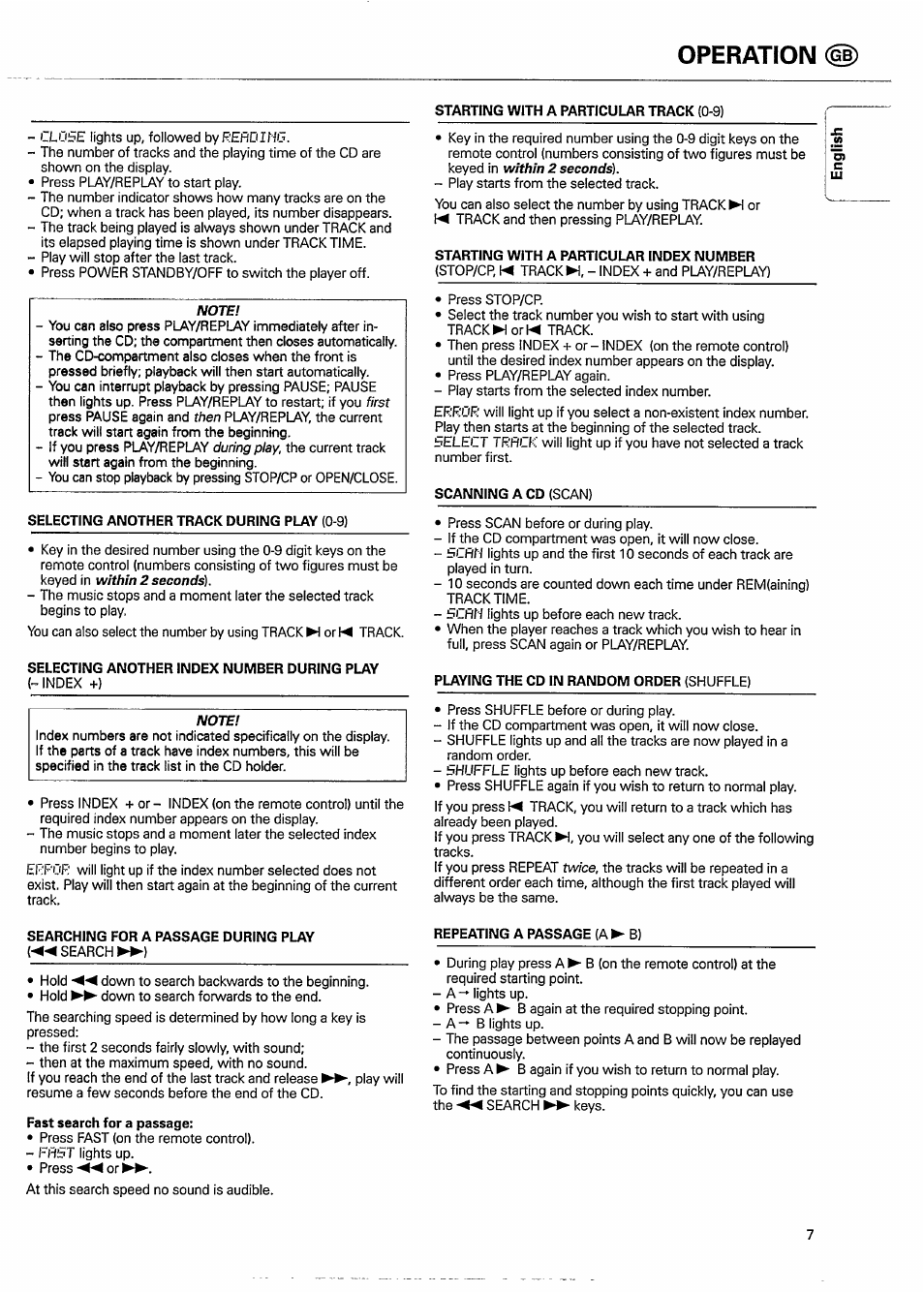 Operation (id, Selecting another track during play (0-9), Selecting another index number during play | Searching for a passage during play, Search ►►), Fast search for a passage, Repeating a passage (a ► b), S "oj | Philips CD951 User Manual | Page 7 / 17