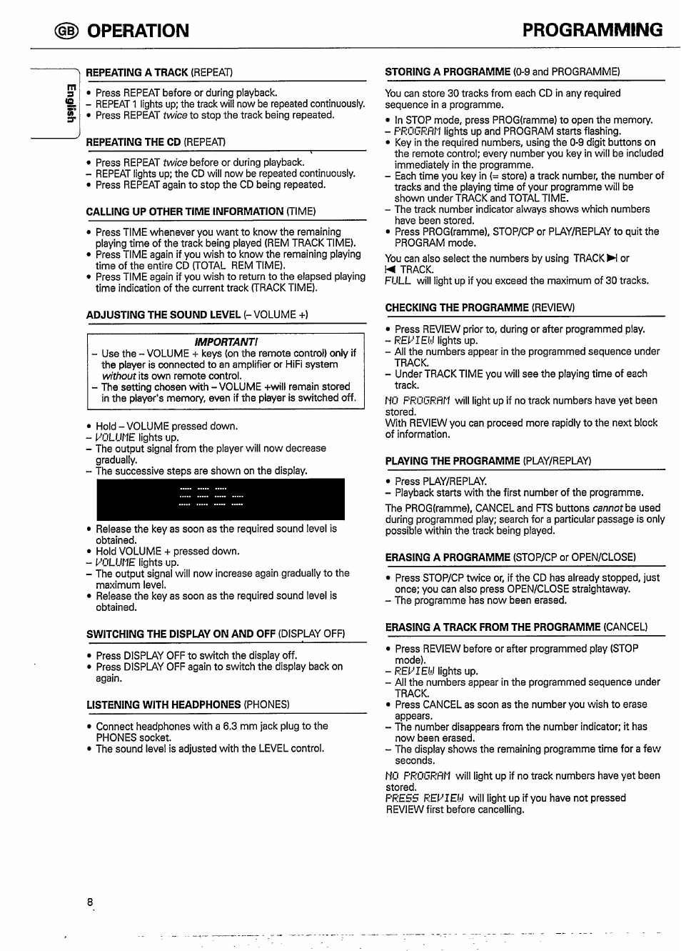 Operation, Calling up other time information (time), Adjusting the sound level (-volume +) | Switching the display on and off (display off), Listening with headphones (phones), Checking the programme (review), Erasing a track from the programme (cancel), Operation programming, M3 <s w | Philips CD951 User Manual | Page 8 / 17