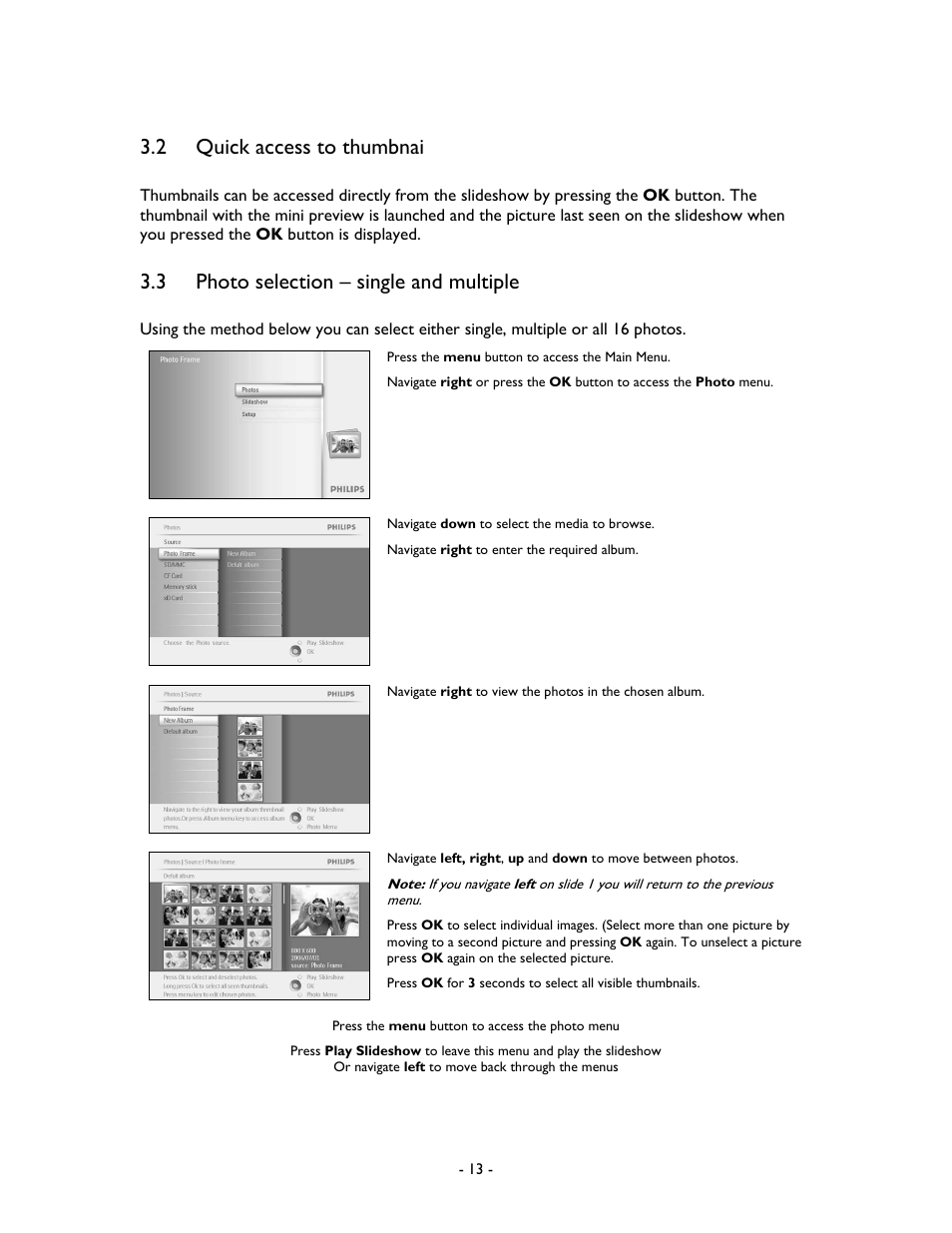 2 quick access to thumbnai, 3 photo selection – single and multiple | Philips 99F2 User Manual | Page 14 / 70