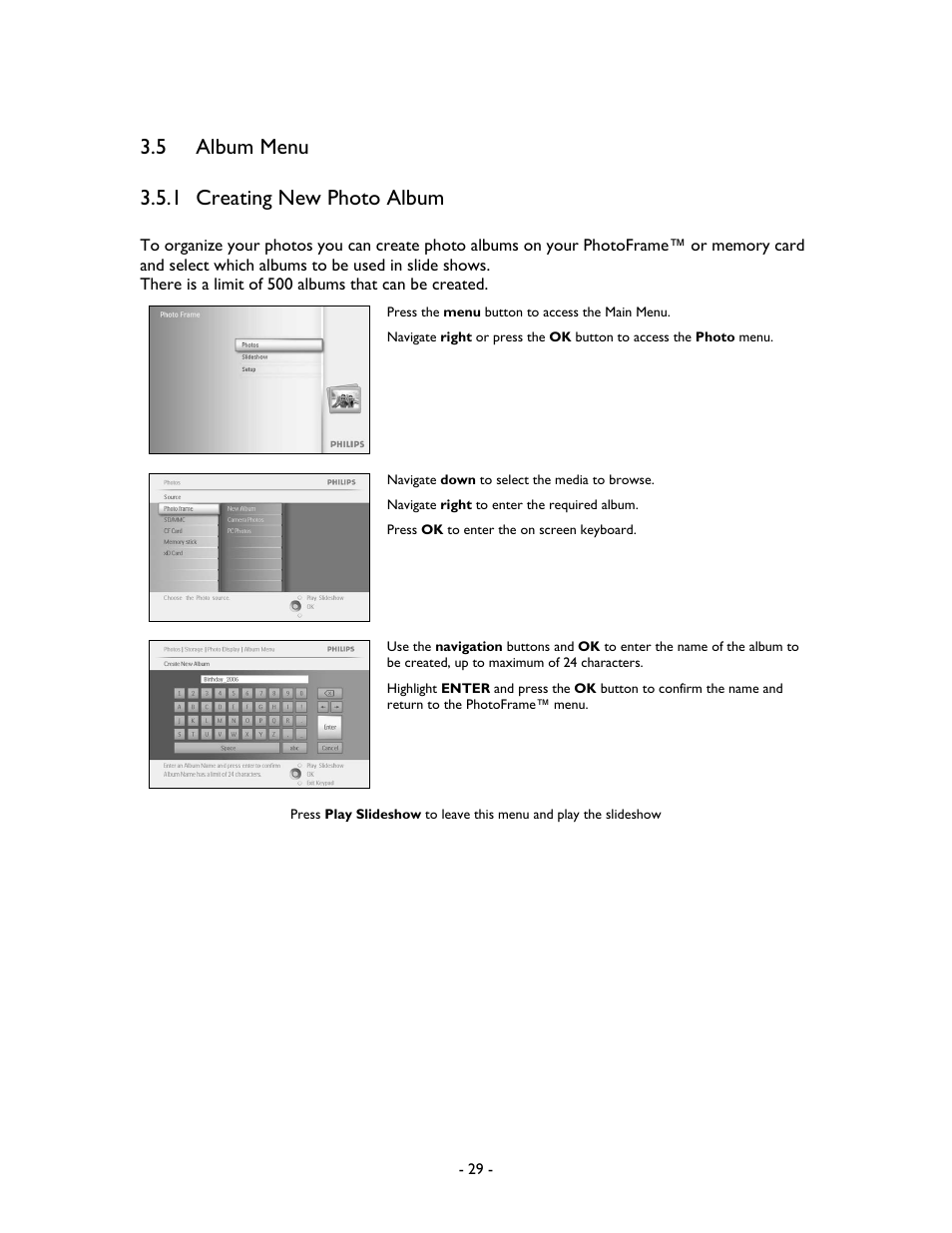 5 album menu 3.5.1 creating new photo album | Philips 99F2 User Manual | Page 30 / 70