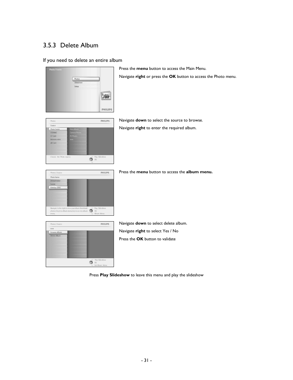 3 delete album | Philips 99F2 User Manual | Page 32 / 70