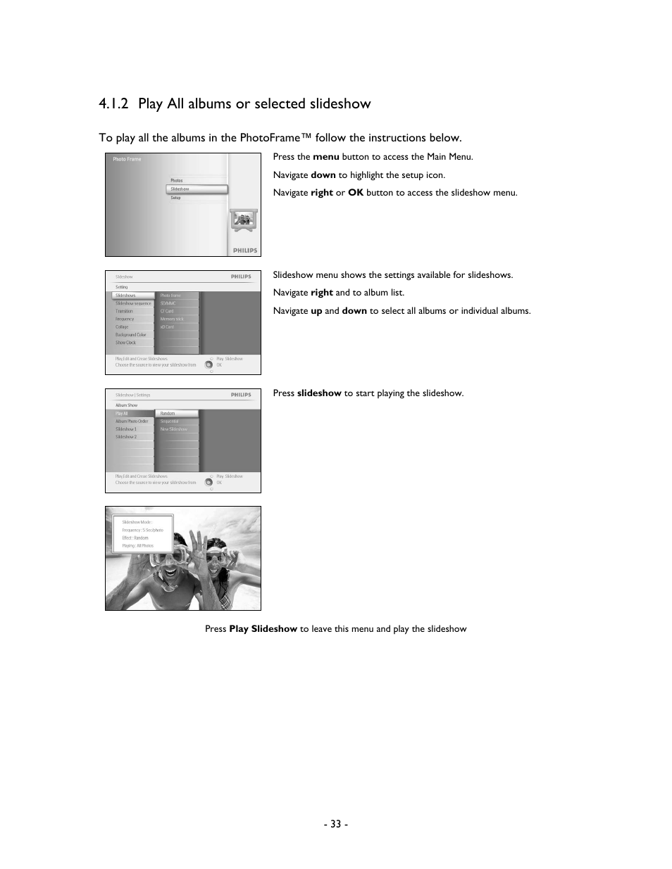 2 play all albums or selected slideshow | Philips 99F2 User Manual | Page 34 / 70