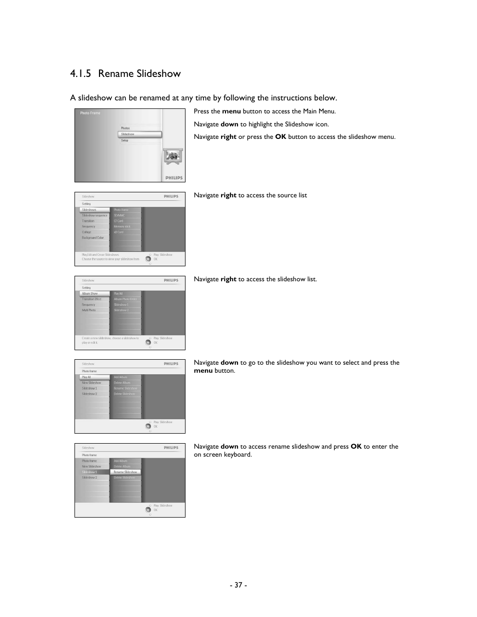 5 rename slideshow | Philips 99F2 User Manual | Page 38 / 70