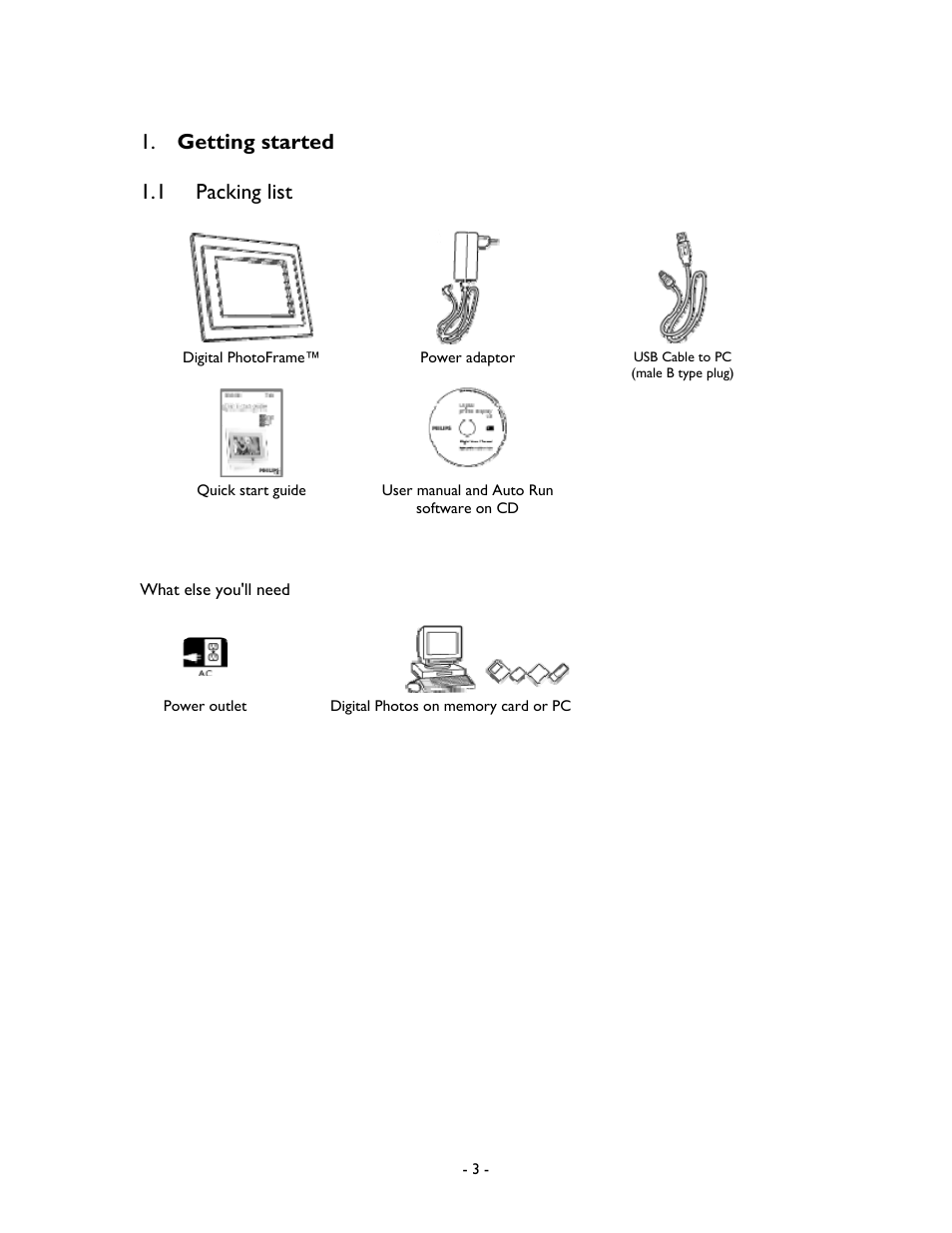 Getting started 1.1 packing list | Philips 99F2 User Manual | Page 4 / 70