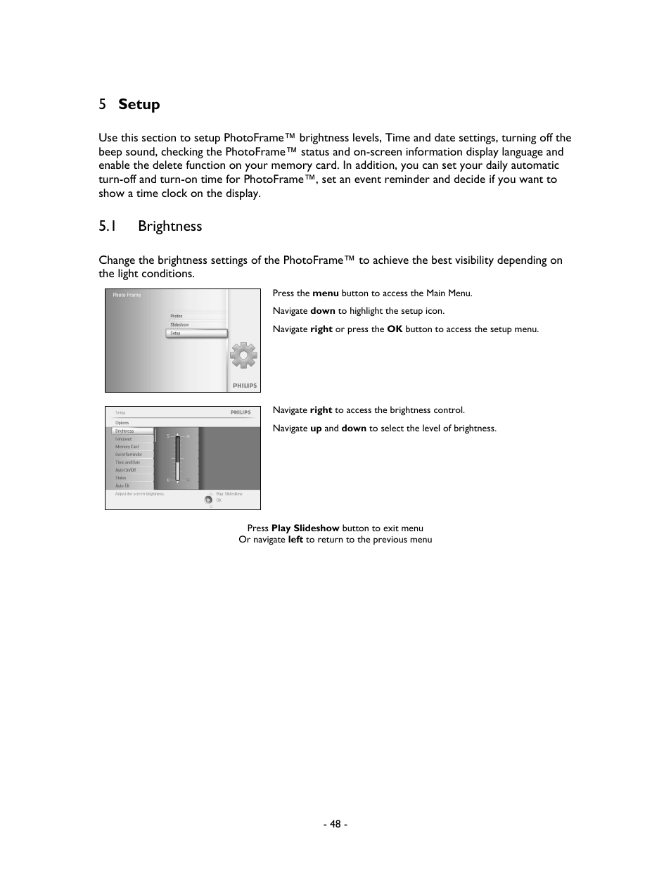 5 setup, 1 brightness | Philips 99F2 User Manual | Page 49 / 70