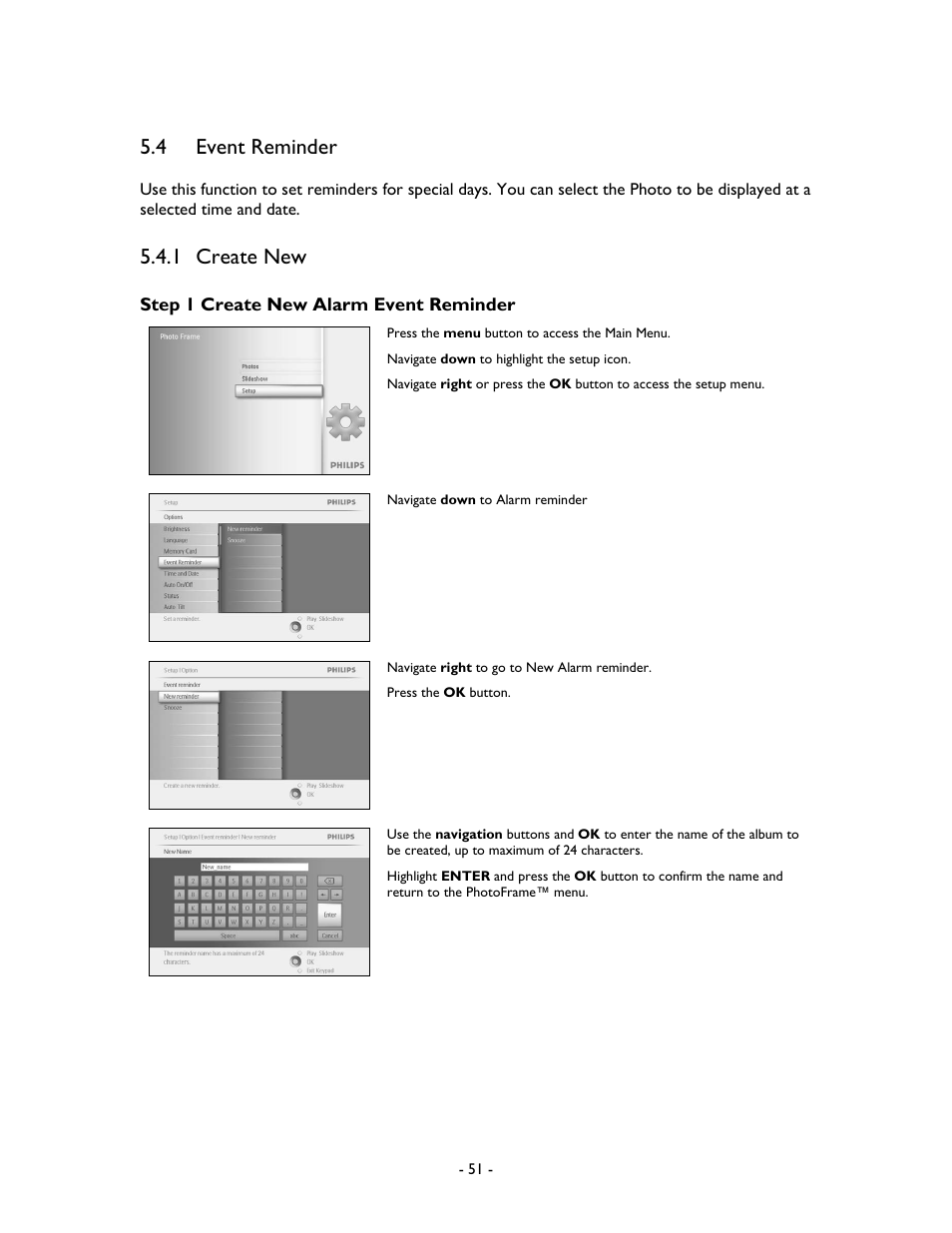 4 event reminder, 1 create new | Philips 99F2 User Manual | Page 52 / 70