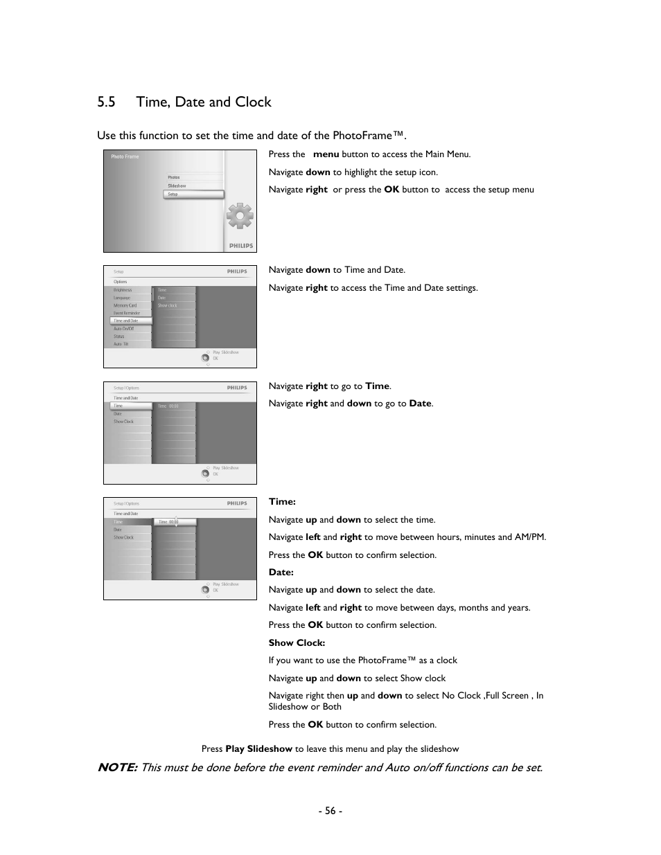 5 time, date and clock | Philips 99F2 User Manual | Page 57 / 70