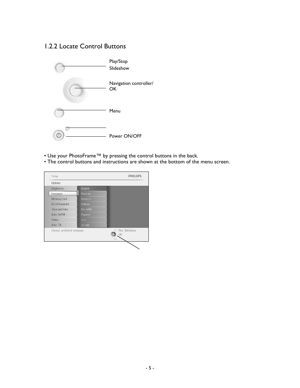 2 locate control buttons | Philips 99F2 User Manual | Page 6 / 70