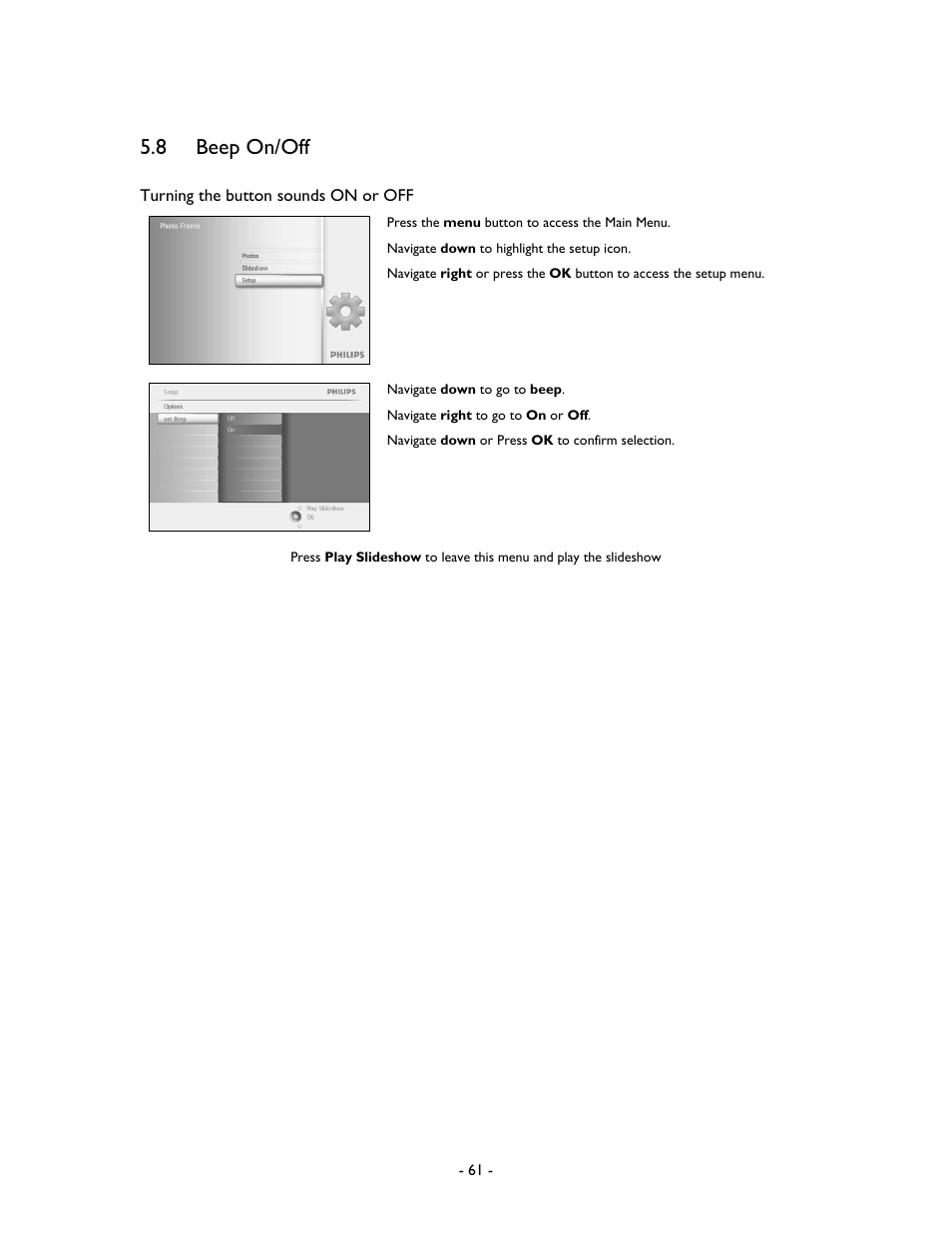 8 beep on/off | Philips 99F2 User Manual | Page 62 / 70