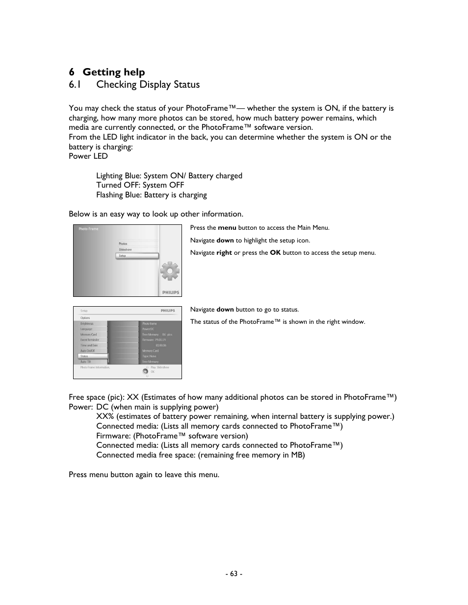 6 getting help 6.1 checking display status | Philips 99F2 User Manual | Page 64 / 70