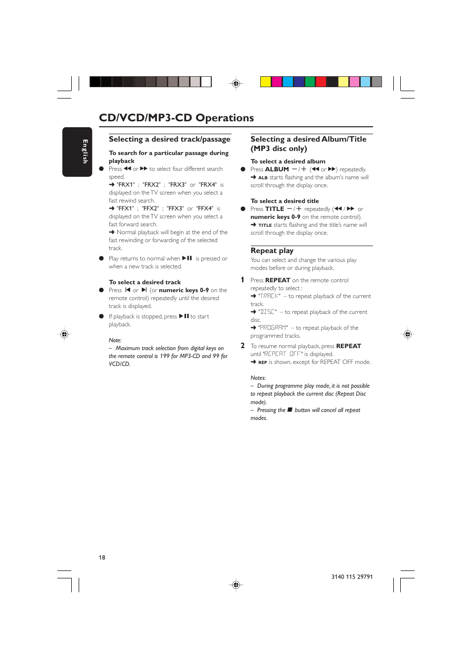 Cd/vcd/mp3-cd operations, Selecting a desired track/passage, Selecting a desired album/title (mp3 disc only) | Repeat play | Philips FW-V330 User Manual | Page 18 / 34