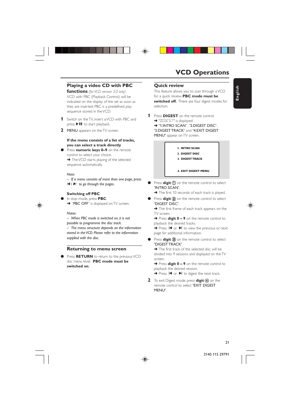 Vcd operations, Playing a video cd with pbc functions, Returning to menu screen | Quick review | Philips FW-V330 User Manual | Page 21 / 34