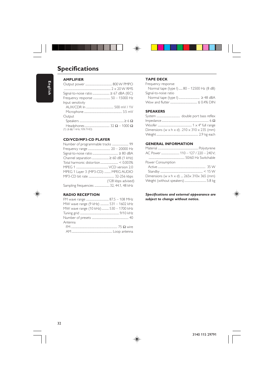 Specifications | Philips FW-V330 User Manual | Page 32 / 34