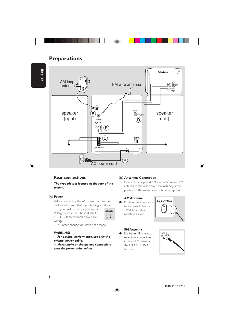 Preparations, Speaker (right) speaker (left), Rear connections | Fm wire antenna am loop antenna, Ac power cord | Philips FW-V330 User Manual | Page 8 / 34