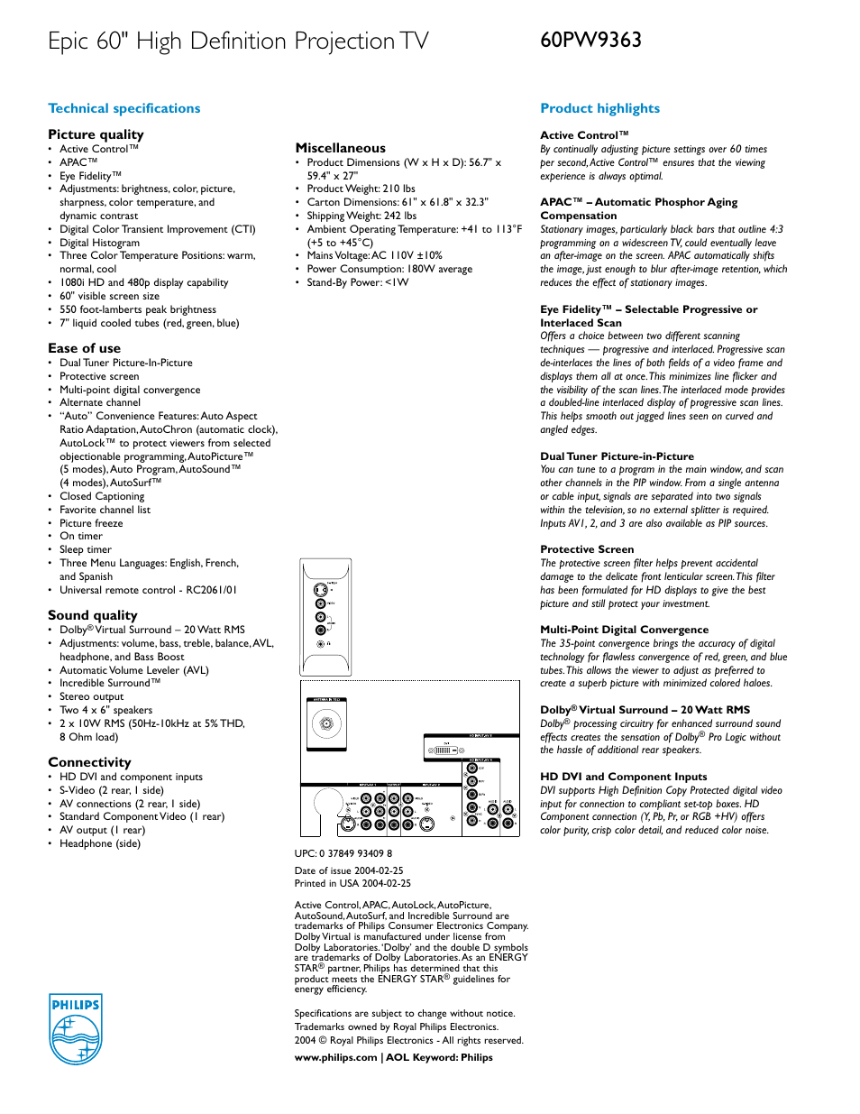 Epic 60" high definition projection tv | Philips 60PW9363 User Manual | Page 2 / 2