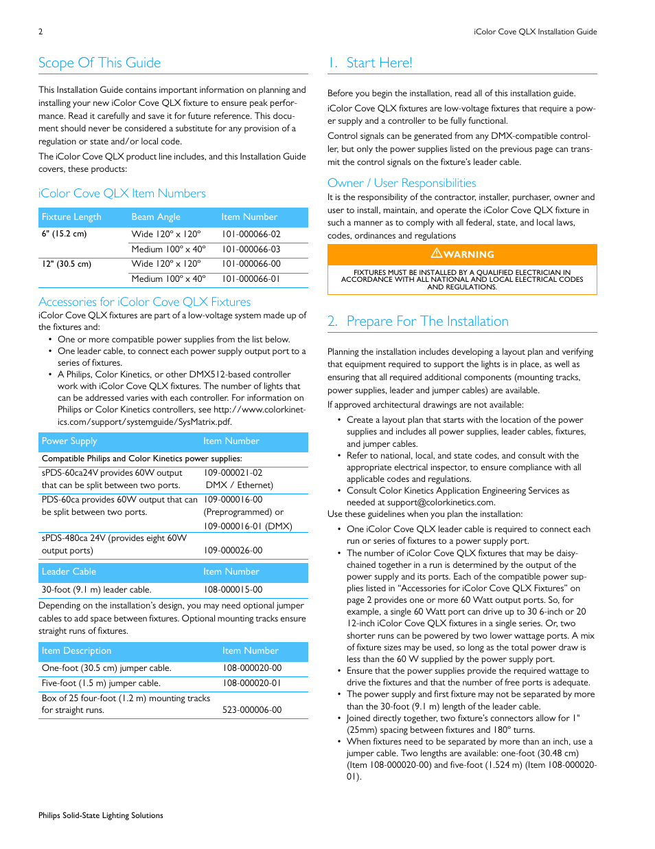 Scope of this guide, Start here, Prepare for the installation | Owner / user responsibilities | Philips iColor Cove QLX User Manual | Page 2 / 6