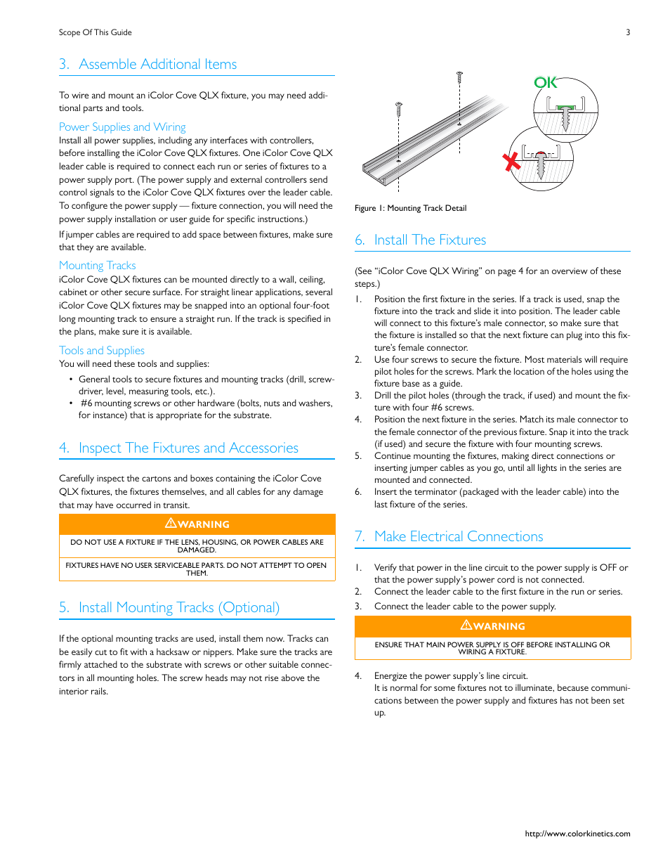 Assemble additional items, Inspect the fixtures and accessories, Install mounting tracks (optional) | Figure 1: mounting track detail, Install the fixtures, Make electrical connections, Connect the leader cable to the power supply, Energize the power supply’s line circuit | Philips iColor Cove QLX User Manual | Page 3 / 6