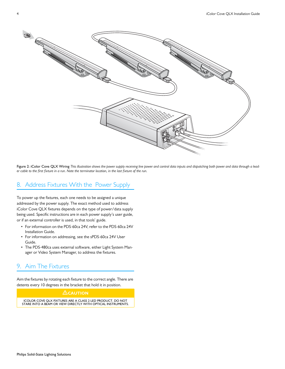 Figure 2: icolor cove qlx wiring, Address fixtures with the power supply, Aim the fixtures | Philips iColor Cove QLX User Manual | Page 4 / 6