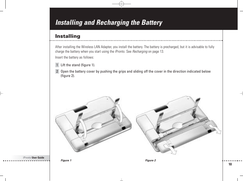Installing and recharging the battery, Installing | Philips 6400 User Manual | Page 13 / 67