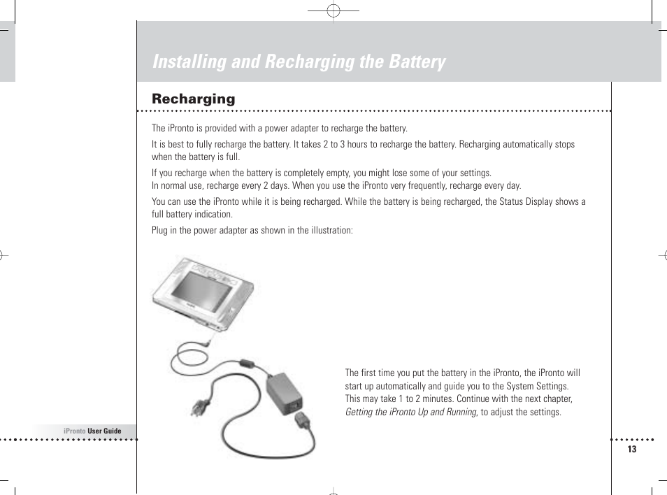 Installing and recharging the battery, Recharging | Philips 6400 User Manual | Page 16 / 67