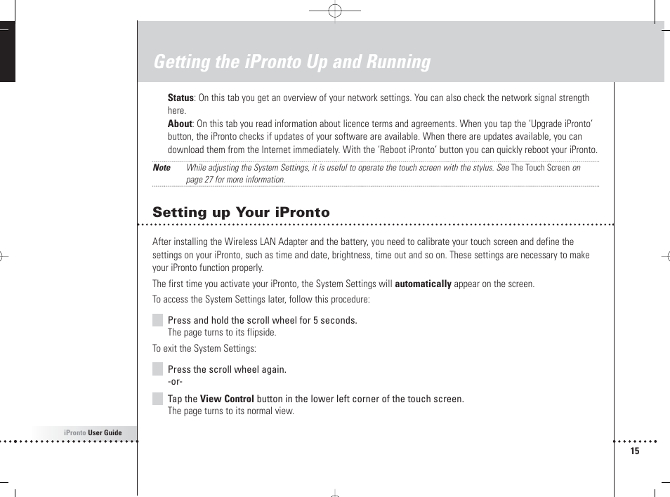 Getting the ipronto up and running, Setting up your ipronto | Philips 6400 User Manual | Page 18 / 67