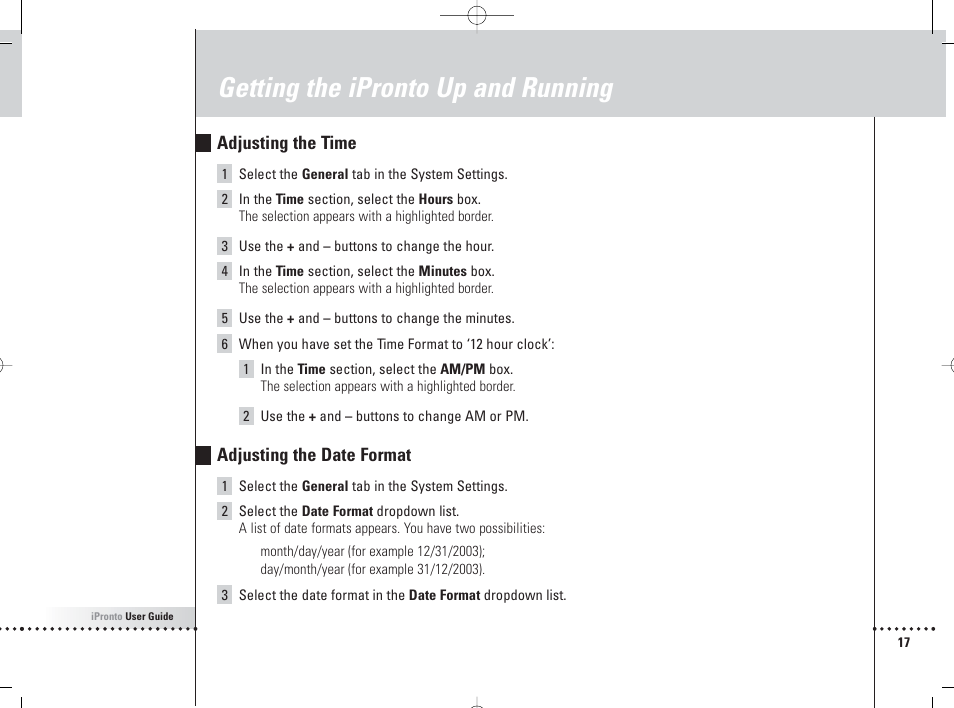 Getting the ipronto up and running, Adjusting the time, Adjusting the date format | Philips 6400 User Manual | Page 20 / 67