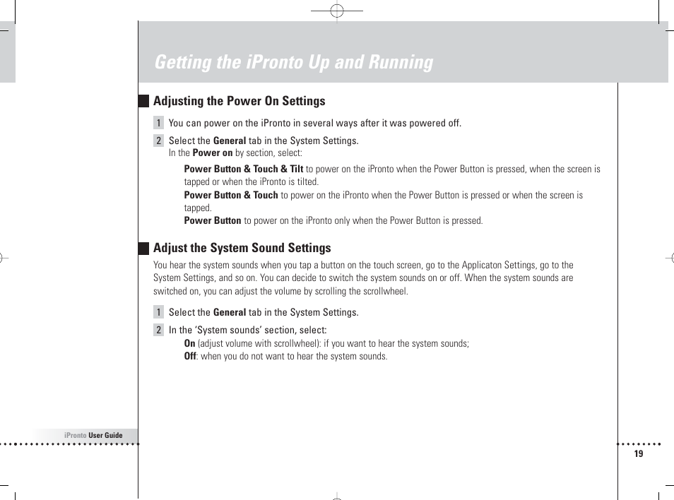 Getting the ipronto up and running, Adjusting the power on settings, Adjust the system sound settings | Philips 6400 User Manual | Page 22 / 67