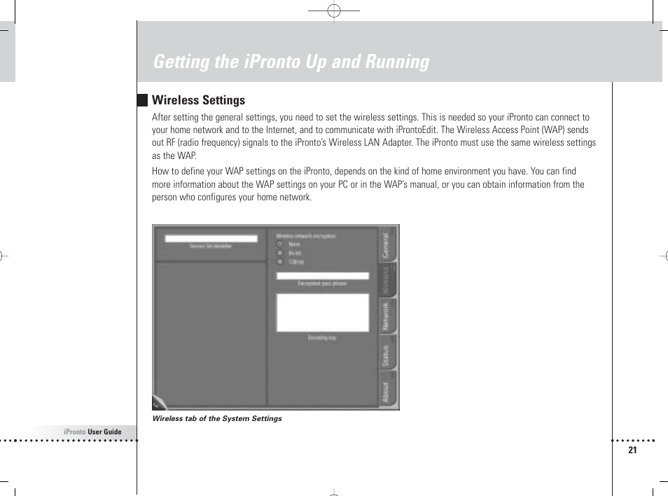 Getting the ipronto up and running, Wireless settings | Philips 6400 User Manual | Page 24 / 67