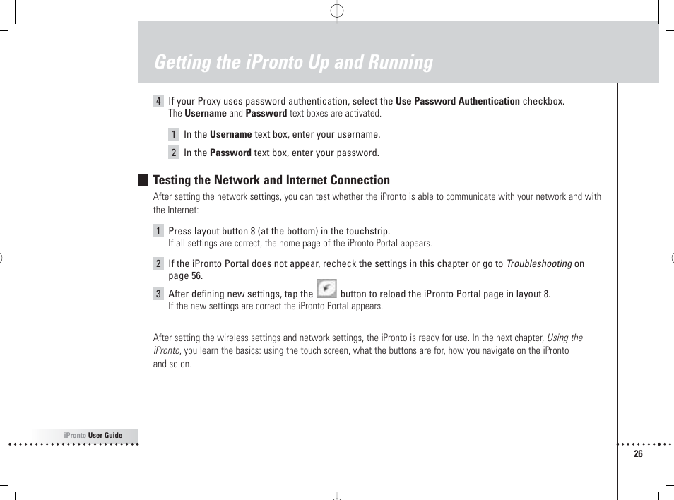 Getting the ipronto up and running, Testing the network and internet connection | Philips 6400 User Manual | Page 29 / 67