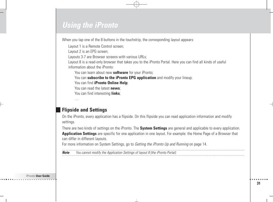 Using the ipronto, Flipside and settings | Philips 6400 User Manual | Page 34 / 67