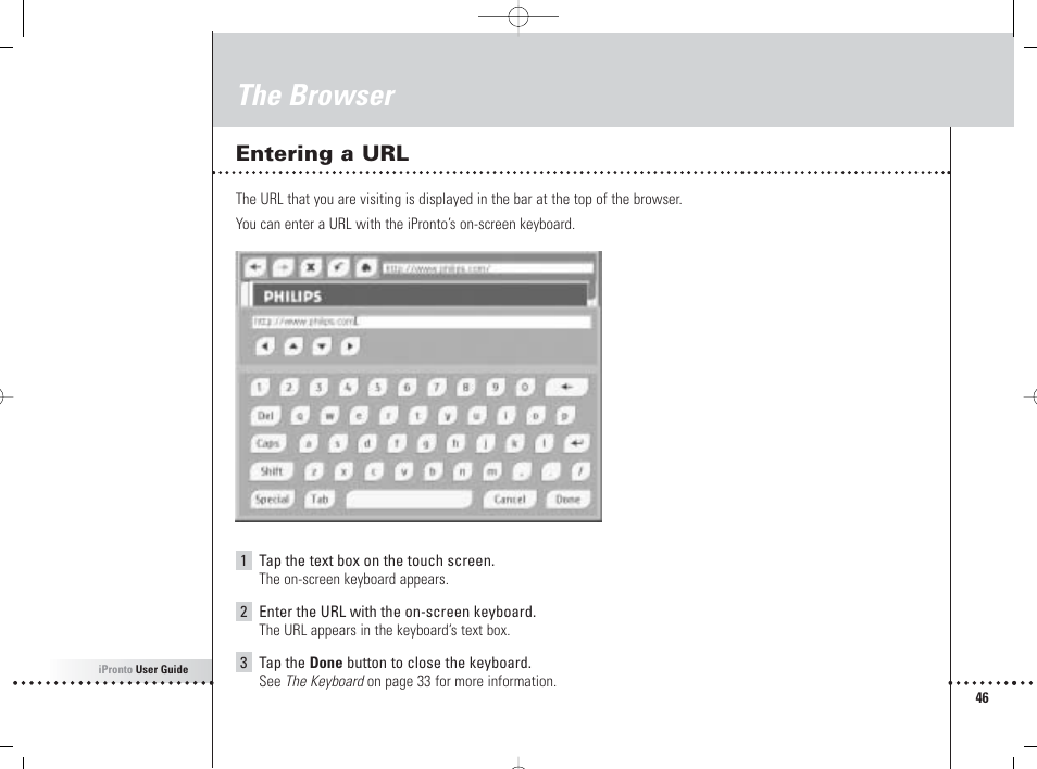 The browser, Entering a url | Philips 6400 User Manual | Page 49 / 67