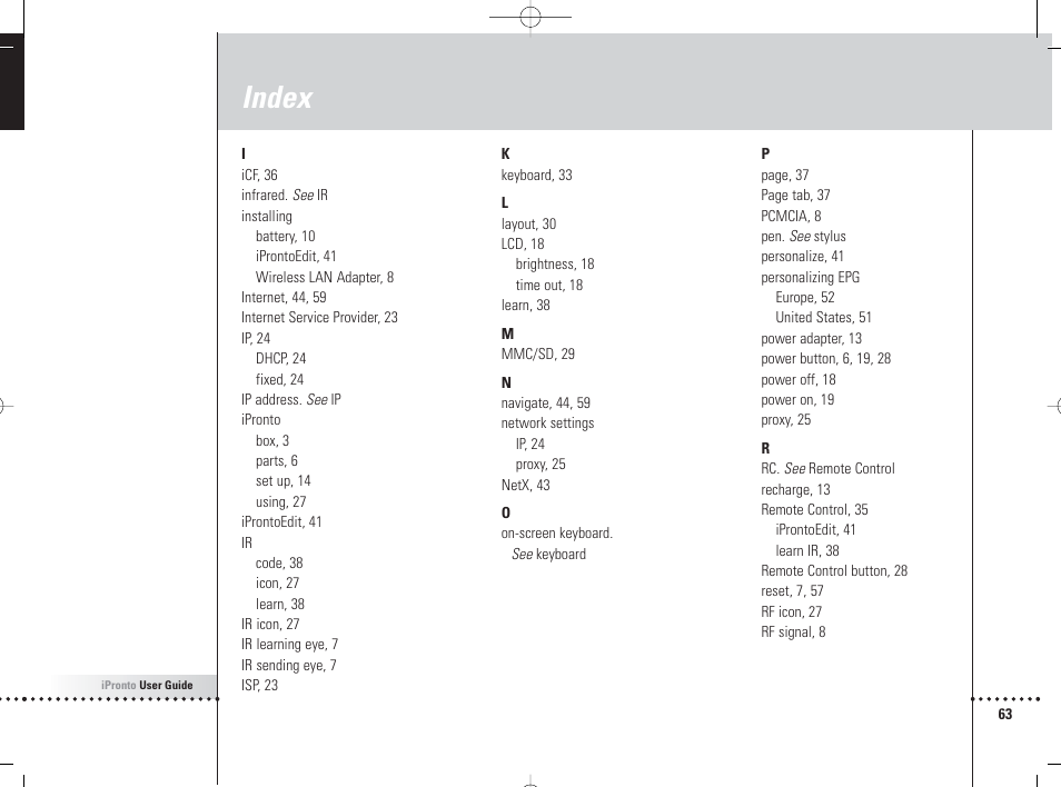 Index | Philips 6400 User Manual | Page 66 / 67