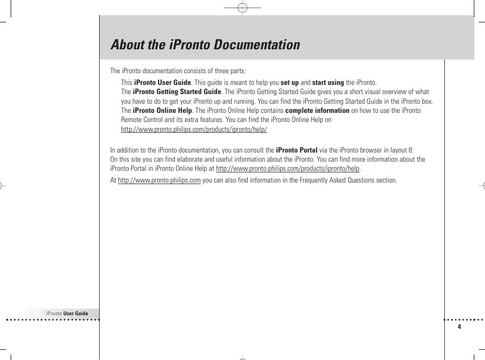 About the ipronto documentation | Philips 6400 User Manual | Page 7 / 67