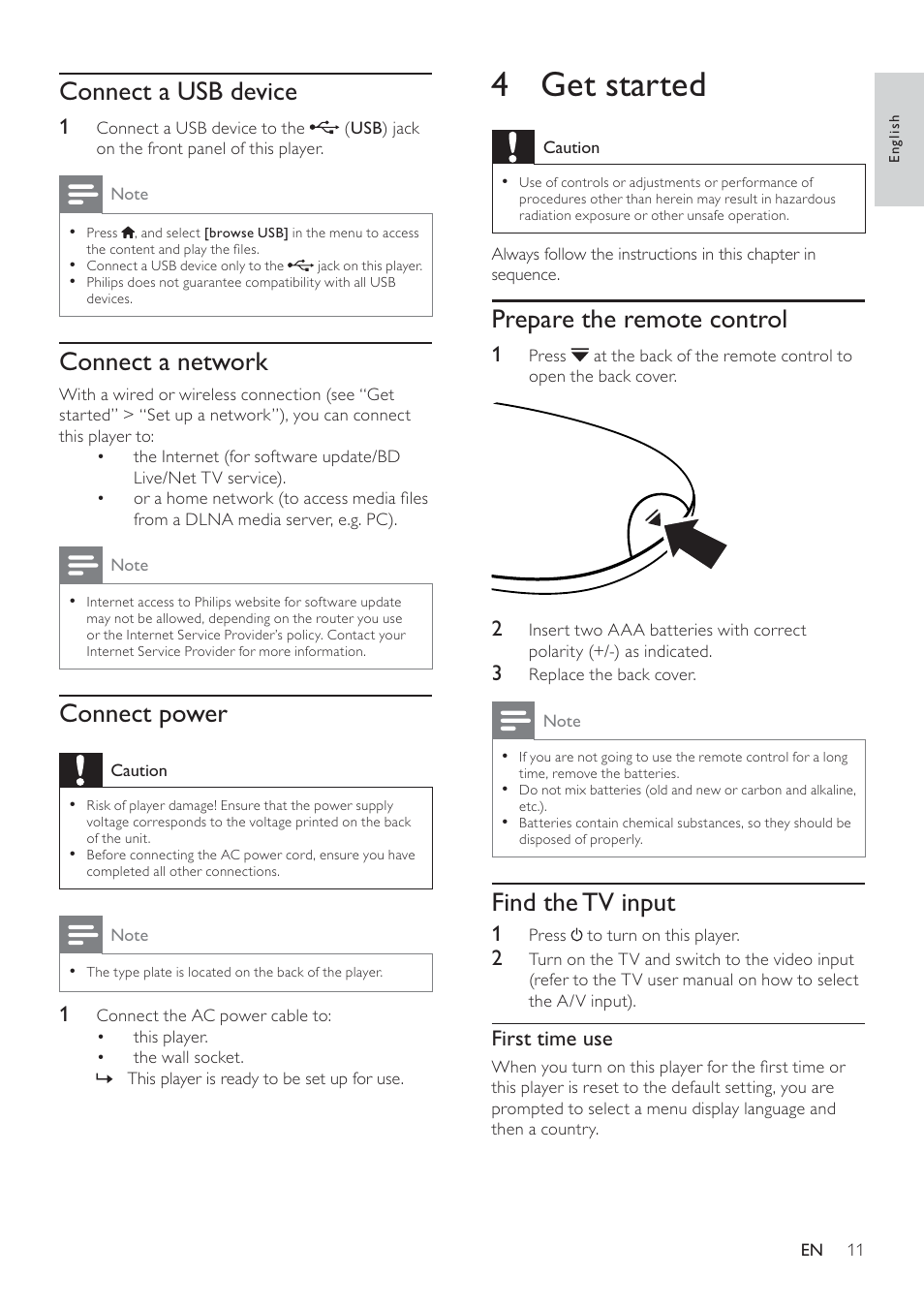 4 get started, Prepare the remote control, Find the tv input | Connect a usb device, Connect a network, Connect power | Philips BDP9600 User Manual | Page 10 / 52