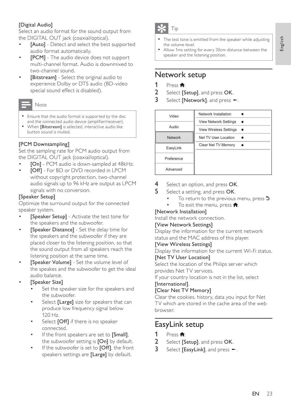 Network setup, Easylink setup | Philips BDP9600 User Manual | Page 22 / 52