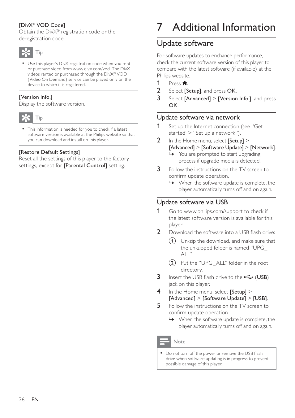 7 additional information, Update software, Update software via network 1 | Update software via usb 1 | Philips BDP9600 User Manual | Page 25 / 52