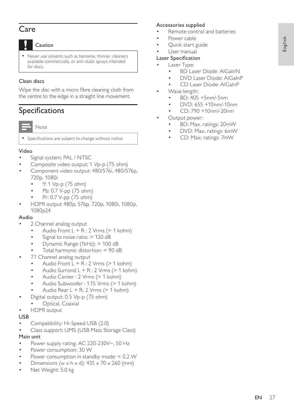 Care, Speciﬁcations | Philips BDP9600 User Manual | Page 26 / 52