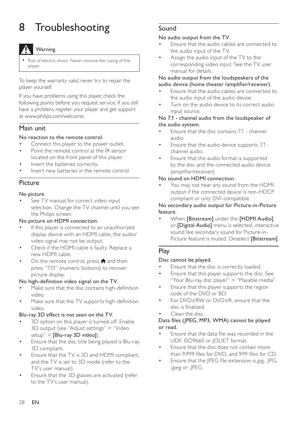 8 troubleshooting, Sound, Play | Main unit, Picture | Philips BDP9600 User Manual | Page 27 / 52