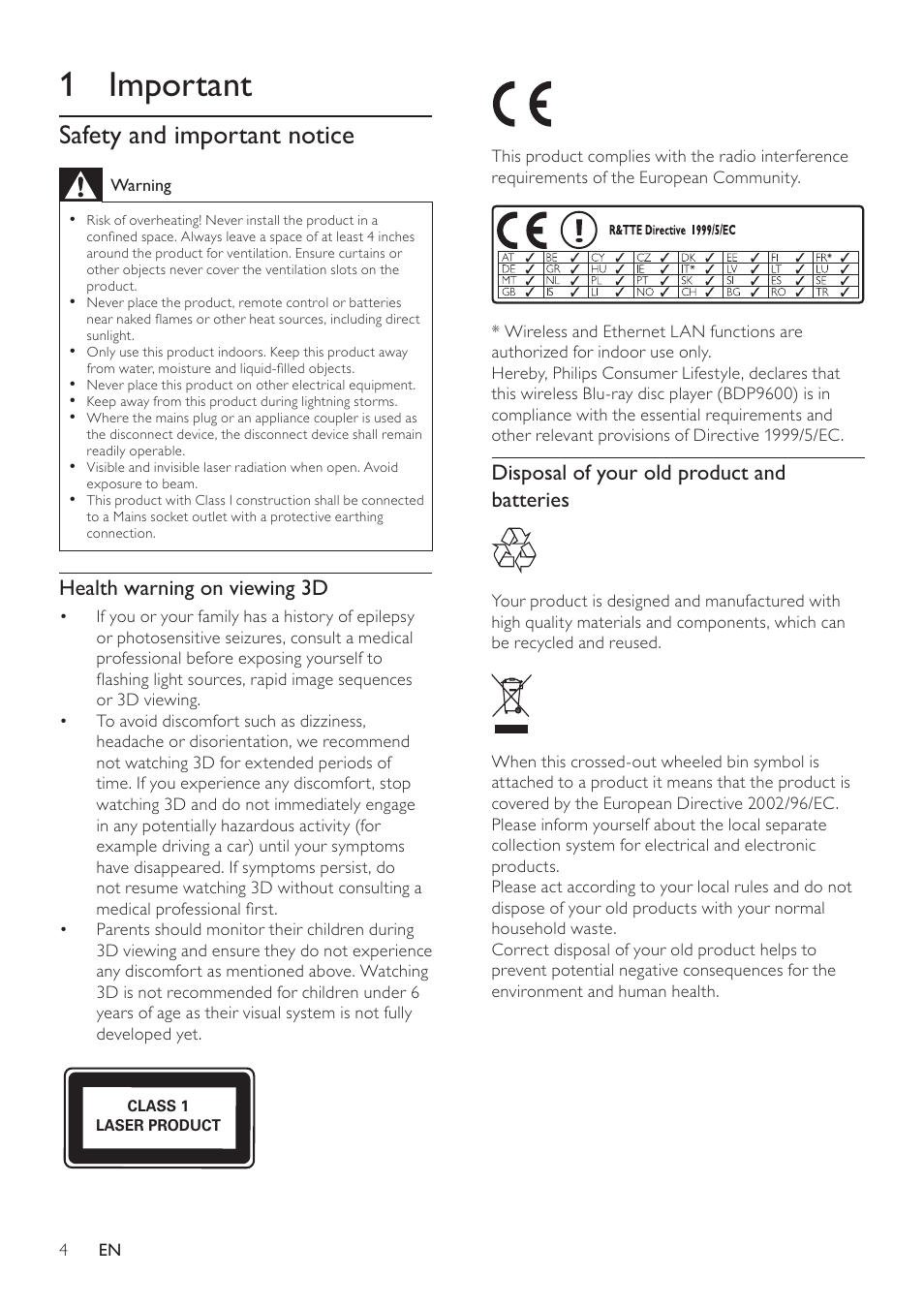 1 important | Philips BDP9600 User Manual | Page 3 / 52