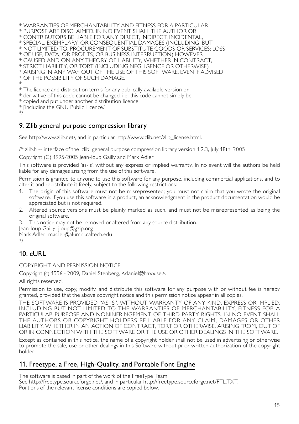 Zlib general purpose compression library, Curl | Philips BDP9600 User Manual | Page 44 / 52