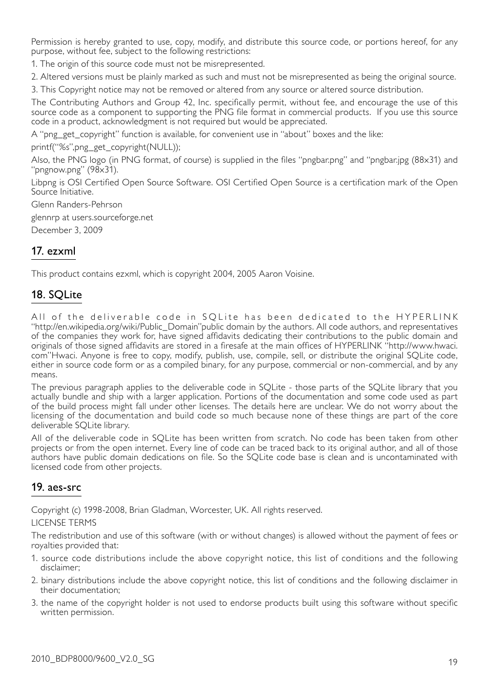 Ezxml, Sqlite, Aes-src | Philips BDP9600 User Manual | Page 48 / 52