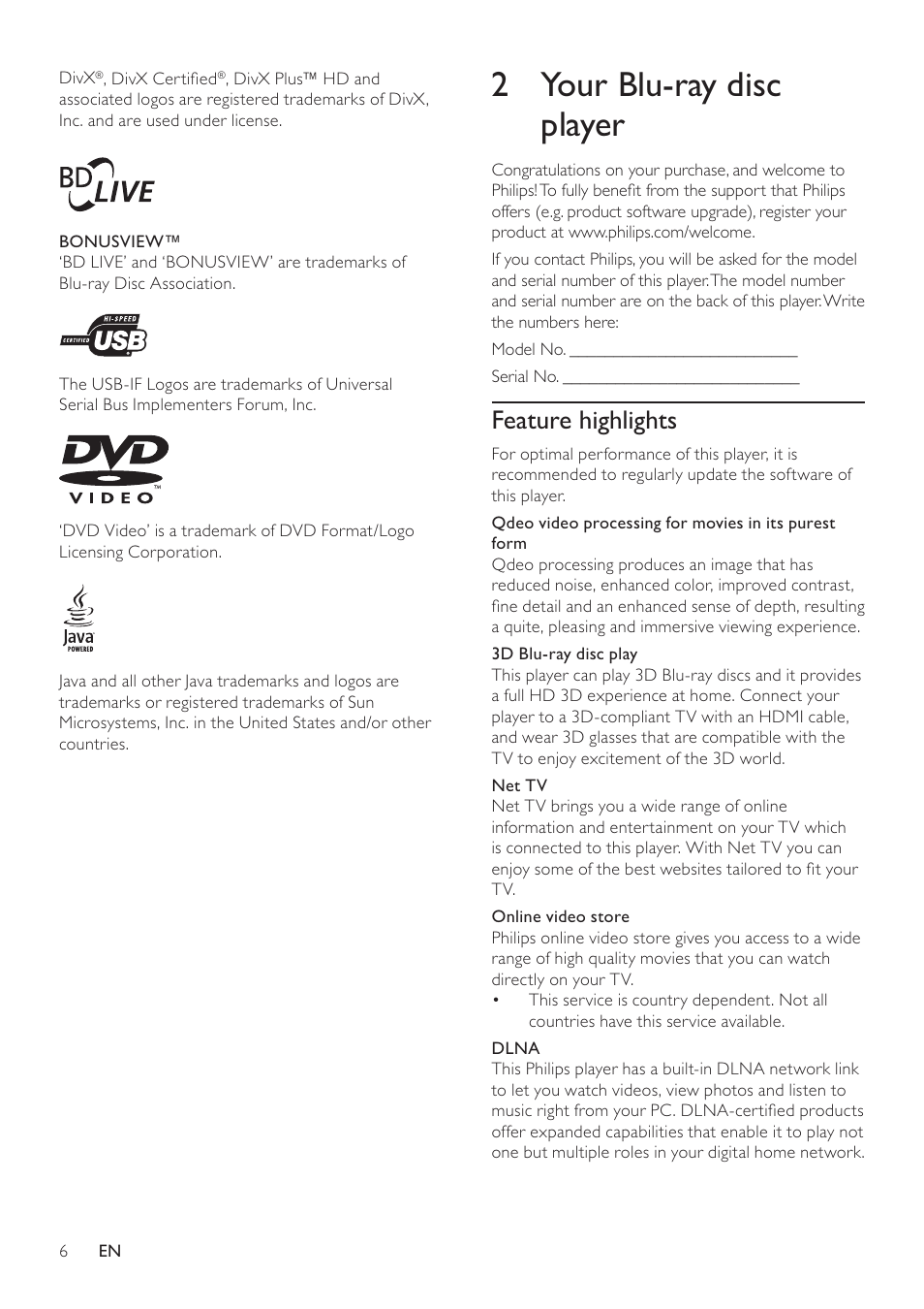 2 your blu-ray disc player | Philips BDP9600 User Manual | Page 5 / 52