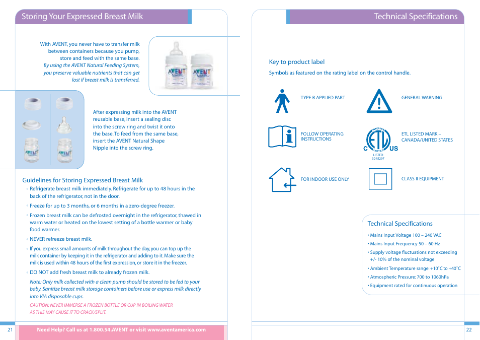 Storing your expressed breast milk, Technical specifications | Philips ISIS iQ UNO User Manual | Page 12 / 13