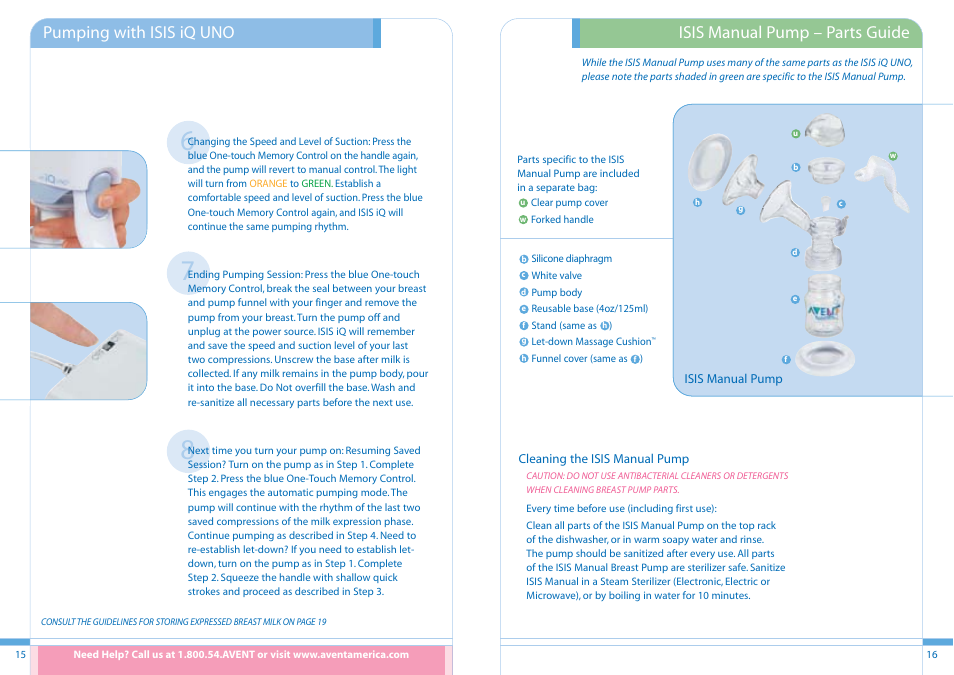 Pumping with isis iq uno, Isis manual pump – parts guide | Philips ISIS iQ UNO User Manual | Page 9 / 13