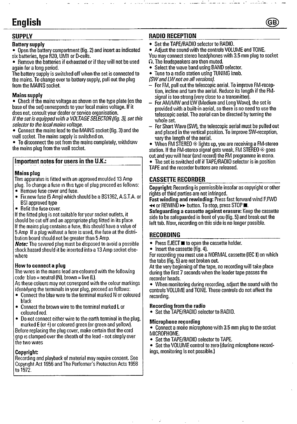 English, Supply radio reception, Cassehe recorder | Recording | Philips AQ 5040/20 User Manual | Page 5 / 6