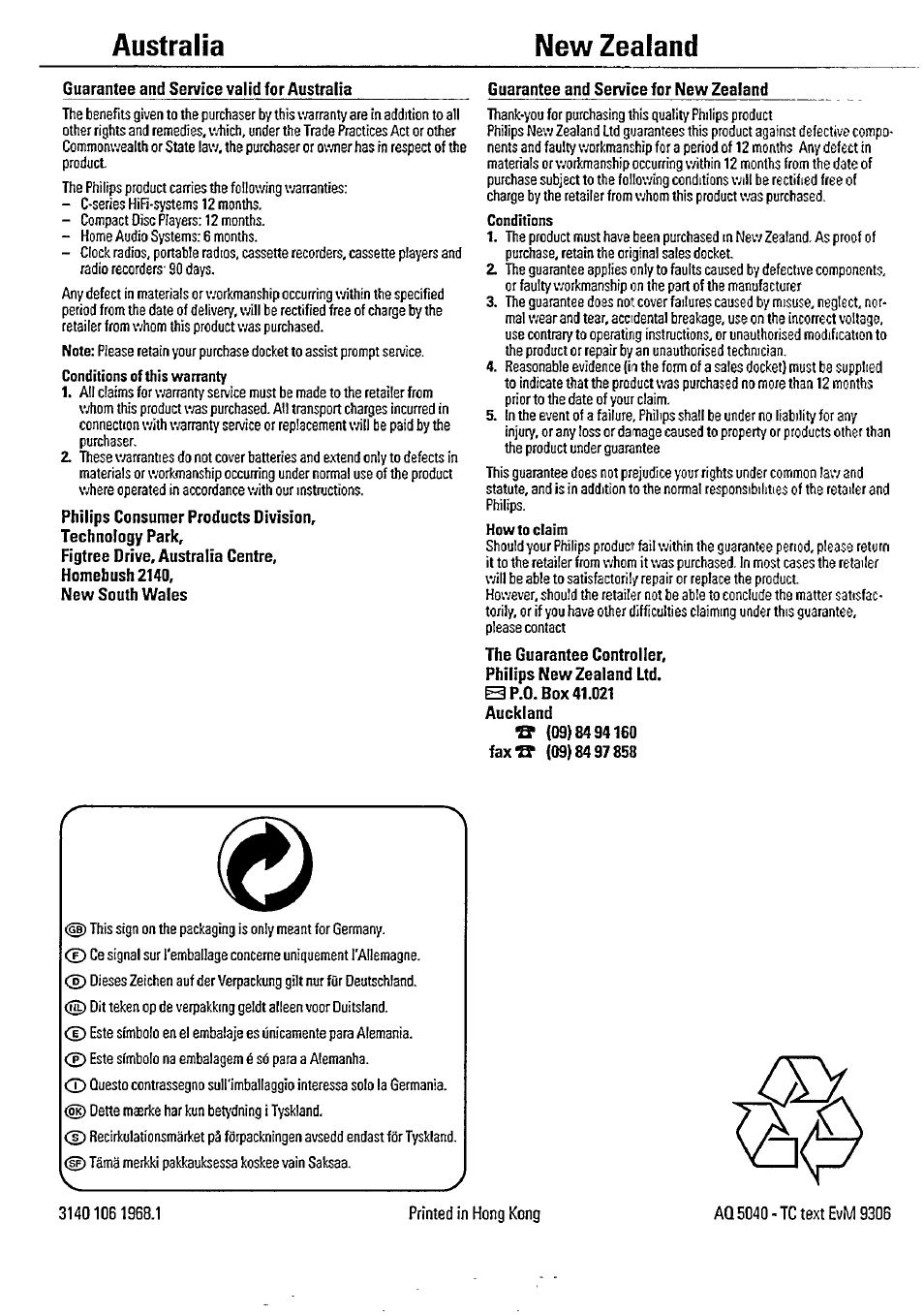 Australia new zealand | Philips AQ 5040/20 User Manual | Page 6 / 6