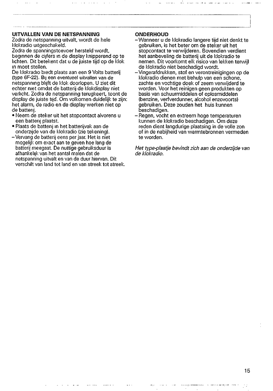 Uitvalleim van de netspanning, Onderhoud | Philips AJ 3900 User Manual | Page 6 / 9