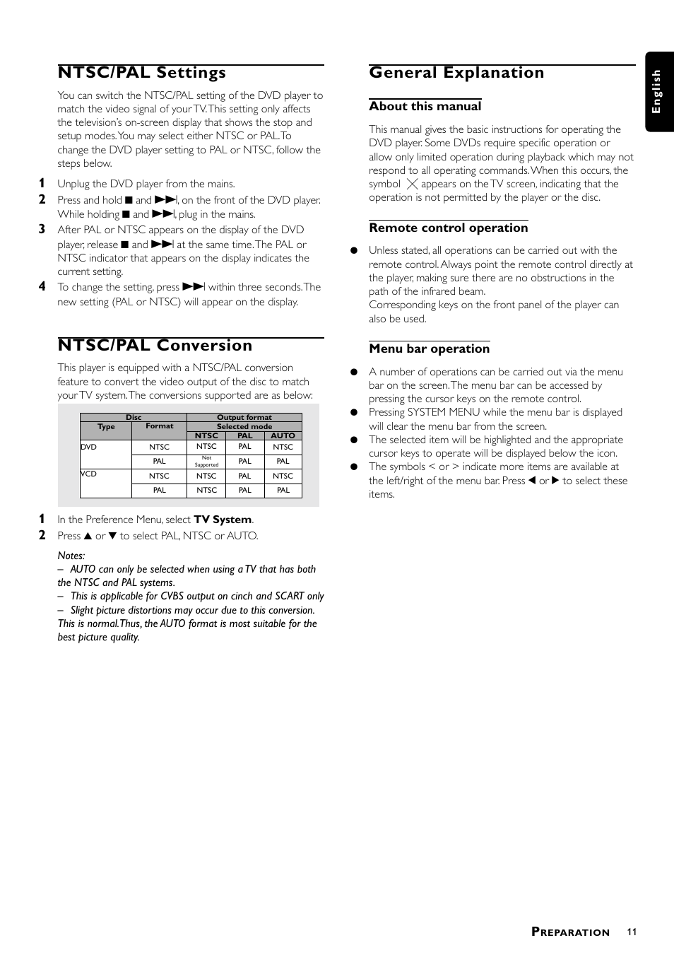 Ntsc/pal settings, Ntsc/pal conversion, General explanation | About this manual, Remote control operation, Menu bar operation | Philips DVD762/021 User Manual | Page 11 / 24