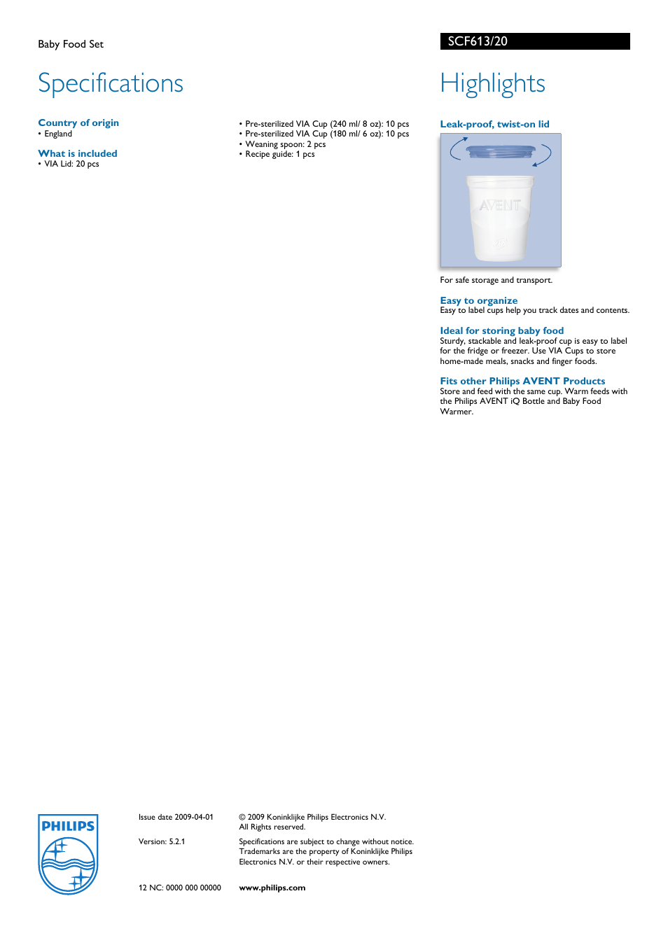 Specifications, Highlights | Philips Baby Food Set SCF613/20 User Manual | Page 2 / 2