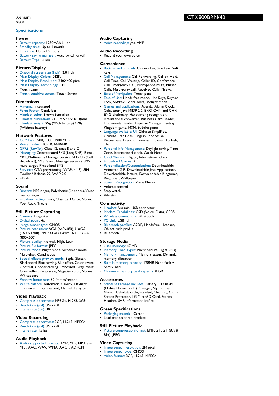 Philips Xenium CTX800BRN User Manual | Page 2 / 3